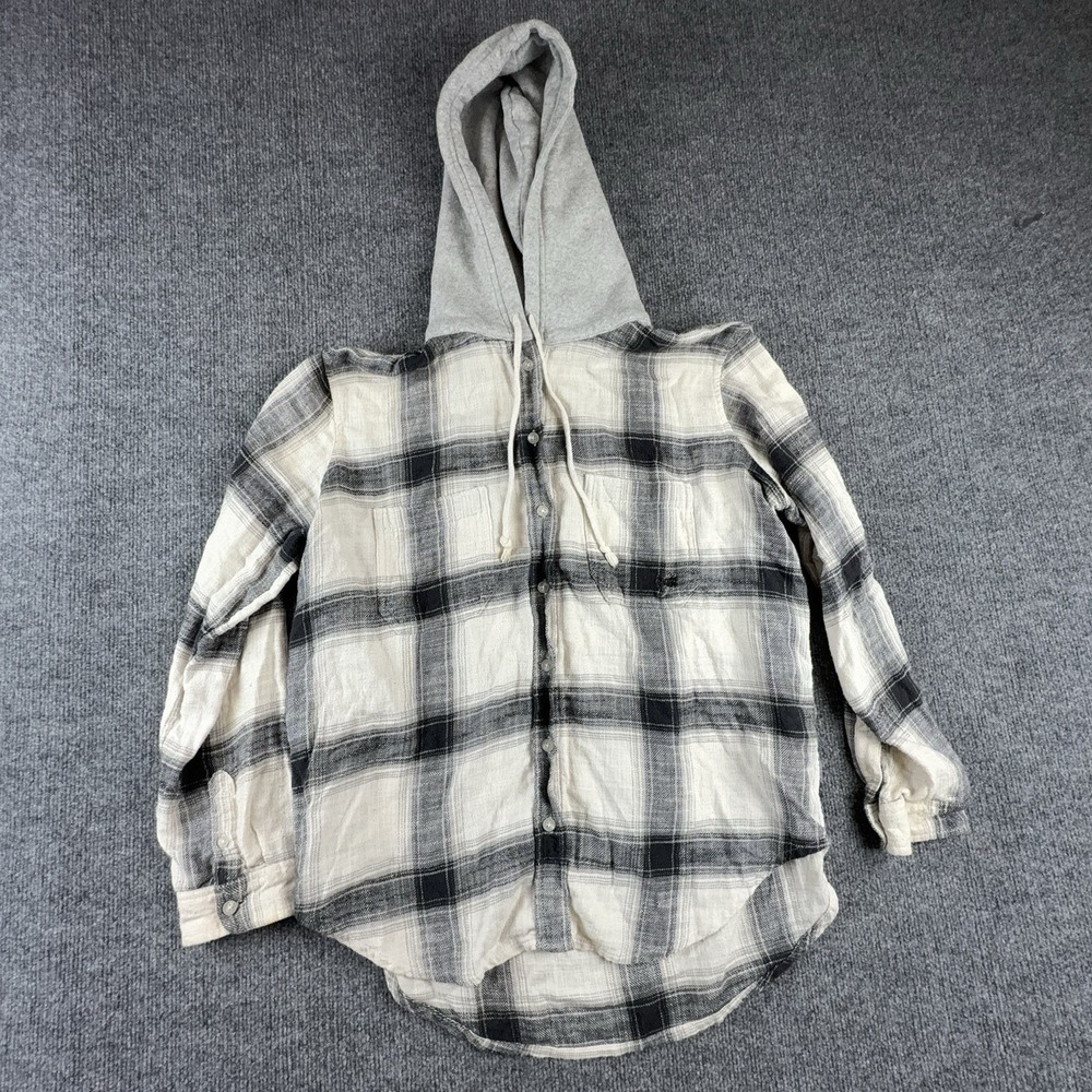 American Eagle Womens Small Gray Plaid Flannel Hooded Button Up Top AEM120605U9A